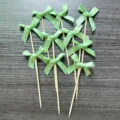 Light green ribbon bow cake toppers 10pcs set bamboo sticks for dessert baking party decor - Fruit Green