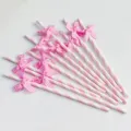 Pink striped paper straws with cute gingham bows for party decoration and birthdays. - Plaid Bow Pink Striped Straws