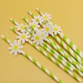 Green striped paper straws with white daisy decorations for party drinks and events use - Small Flowers & Fruit Green Striped Straws