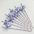 Purple striped paper straws with blue plaid bows, perfect for party and birthday decoration. - Plaid Bow Light Purple Striped Straws