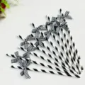 Black and white striped paper straws with gingham bows, perfect for party and dessert decor. - Plaid Bow Black Striped Straws
