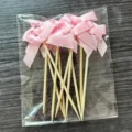 10pcs pink ribbon bow wooden toothpicks cake toppers dessert baking party decoration picks - Pink