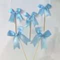 Light blue satin ribbon bow cake toppers, wooden stick picks for party dessert decoration. - Sky Blue