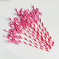 Pink white striped paper straws with checkered bows for party decoration and dessert tables. - Plaid Bow Rose Red Striped Straws