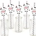 Cute cow patterned paper drinking straws with glass bottles for party decoration and drinks. - Small Dot Cow Straw