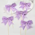 Purple satin ribbon bow cake toppers for baking party decorations, cute dessert picks. - Purple
