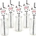 Cute cow paper straw variant with glass bottle for party decoration, black and white set. - Wavy Cow Straw