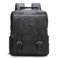 Men retro PU leather backpack casual business laptop book bag stylish daily commute rucksack - Style 3 / Black