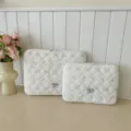 White quilted laptop sleeve with cute bow embroidery, padded tablet bag for daily use. - 11" / Off White