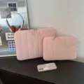 Pink quilted laptop sleeve set, soft tablet storage pouch, minimalist vertical stripe case. - 11" / Pink