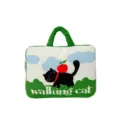 Korean Cute Laptop Bag Cat Print Tablet Sleeve Portable Student Commute Handbag - Green Horizontal