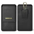 Black leather phone holster pouch with belt loop and hook for outdoor sports and daily use. - Black