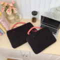 Black quilted laptop sleeve with pink handle, shockproof computer bag for daily office use. - 14" / Black