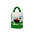 Cute Korean style iPad sleeve with handle, black cat and apple print, portable tablet bag. - Green Vertical