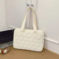 White quilted heart tote bag, stylish shoulder laptop bag for women daily work and school. - 14" / Without Pendant / Off White