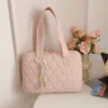 Pink quilted heart tote bag, casual shoulder handbag, stylish large capacity laptop bag. - 14" / With Pendant / Pink