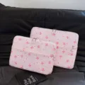 Pink cute bow embroidered laptop sleeve with pearl zipper, soft protective computer bag. - S / Pink
