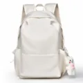 Mochila escolar minimalista de color liso con colgante de oso tierno, gran capacidad. - Blanco Crema con Colgante
