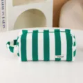 Green and white striped plush cosmetic bag, portable travel wash bag, large capacity organizer. - Green and White Striped