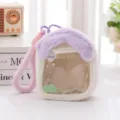 Close-up detail of cute plush house transparent doll bag, soft furry texture and clear window. - Purple