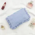 Blue white striped seersucker cosmetic bag with ruffle lace, portable travel makeup storage pouch. - Dark Blue