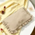 Brown and white striped cosmetic bag with ruffled lace trim, portable seersucker makeup pouch. - Khaki