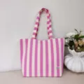 Casual striped canvas tote bag detail, stylish pink and white striped large capacity shoulder bag. - Pink White