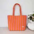 Pink and orange striped canvas tote bag, casual large capacity shoulder bag detail view. - Orange Purple