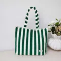 Green and white striped canvas tote bag detail, casual fashion shoulder bag for women daily use. - Green/White