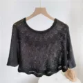 Black knitted hollow-out summer shawl elegant short cape breathable beach sun protection cover up - Black with Brooch Pin