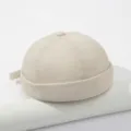 Beige solid color retro dockser hat, casual canvas miki hat detail view for street style. - M (56-58cm) / Beige