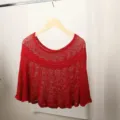 Red knitted hollow shawl detail, stylish summer air-conditioning cape, elegant lightweight cover-up. - Red with Brooch