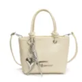 Cream white retro textured handbag with top handle and crossbody strap, chic heart charm. - White