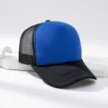 Detail view of color-blocked trucker hat with breathable mesh back and blue foam front panel. - M (56-58cm) / Black+Dark Blue