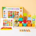 Wooden shape sorter stacking toy and bead string set for early childhood education kids. - Animal Style