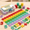 Holz Mathe Zählspielzeug Set für Kinder, bunte Zahlenblöcke und Zählscheiben mit Box zum frühen Lernen. - Zählchips