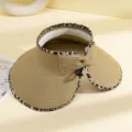 Chapeau de soleil de paille vide d'été pour femmes avec bord imprimé léopard et nœud. - M (56-58cm) / Bord à imprimé léopard kaki