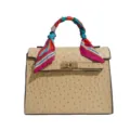 Borsa a mano da donna elegante con stampa struzzo e foulard di seta, borsa a tracolla. - Kaki