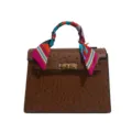 Brown ostrich pattern top handle handbag with colorful scarf and gold hardware for women. - Brown