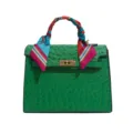 Green ostrich pattern handbag with colorful silk scarf handle, retro luxury style top handle bag. - Green