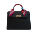 Classic retro women's handbag with ostrich texture, elegant silk scarf handle and gold turn-lock. - Black