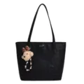 Grand sac cabas noir pour femme sac epaule decontracte avec charmante peluche d'ours - Avec Pendentif / Noir