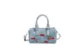 Denim blue cherry print shoulder bag, stylish boston handbag with silver handles and strap. - With Pendant / Silver