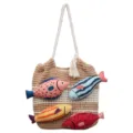 Gewebte Strick-Umhängetasche mit süßen 3D-Fisch-Dekorationen, lässige Strandtasche. - Khaki