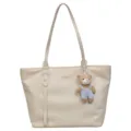 Élégant sac cabas en cuir PU beige pour femmes, grand sac à épaule décontracté avec pendentif. - Avec Pendentif / Blanc Cassé