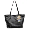 Sac cabas noir en cuir PU pour femme, grand sac épaule élégant avec joli pendentif d'ours. - Avec Pendentif / Noir