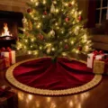 Red velvet Christmas tree skirt with gold embroidery trim detail for festive holiday home decor. - Gold Edge Style / 183cm / Burgundy