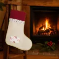 Close-up of linen Christmas stocking hanging on wooden stand near cozy fireplace scene. - Linen Patch Red Decor