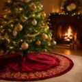 Detailed view of red velvet Christmas tree skirt with elegant gold embroidery holiday decor. - Classic Embroidered Style / 213cm / Burgundy
