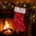 Chaussette de noël suspendue à la cheminée en tissu rouge avec bordure en peluche déco - Chaussette de Noël à pois dorés